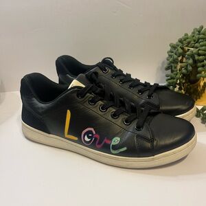 Ellen Degeneres Black Leather Sneakers with Multicolor 'Love' Design Women’s  9.